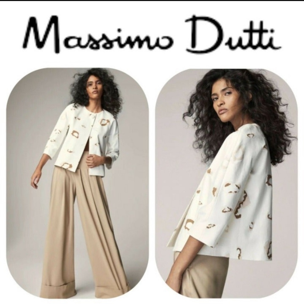 Massimo Dutti Jacket White Animal Print Blazer 100% Cotton With 3/4 Sleeve, US 4